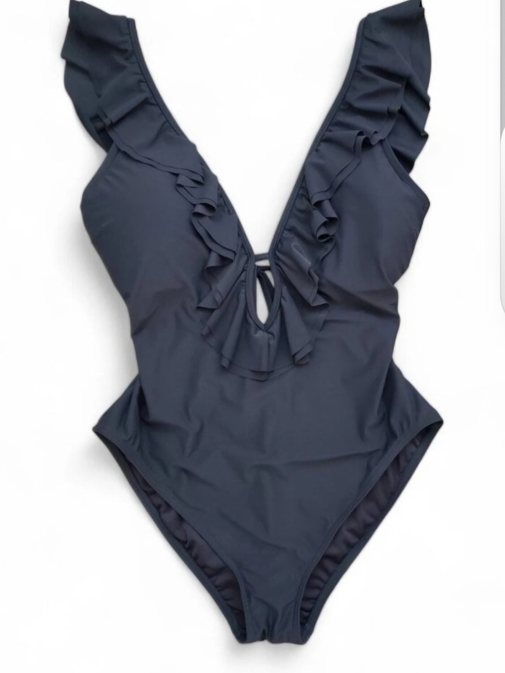 Michael Kors Black V Neck Plunge Ruffle One-Piece Swimsuit